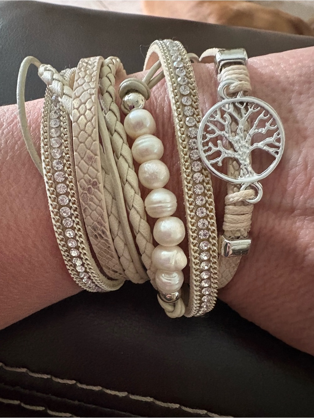 Tree Of Life Genuine Pearl Crystals Neutral Wrap Bracelet  7” Magnet Closure